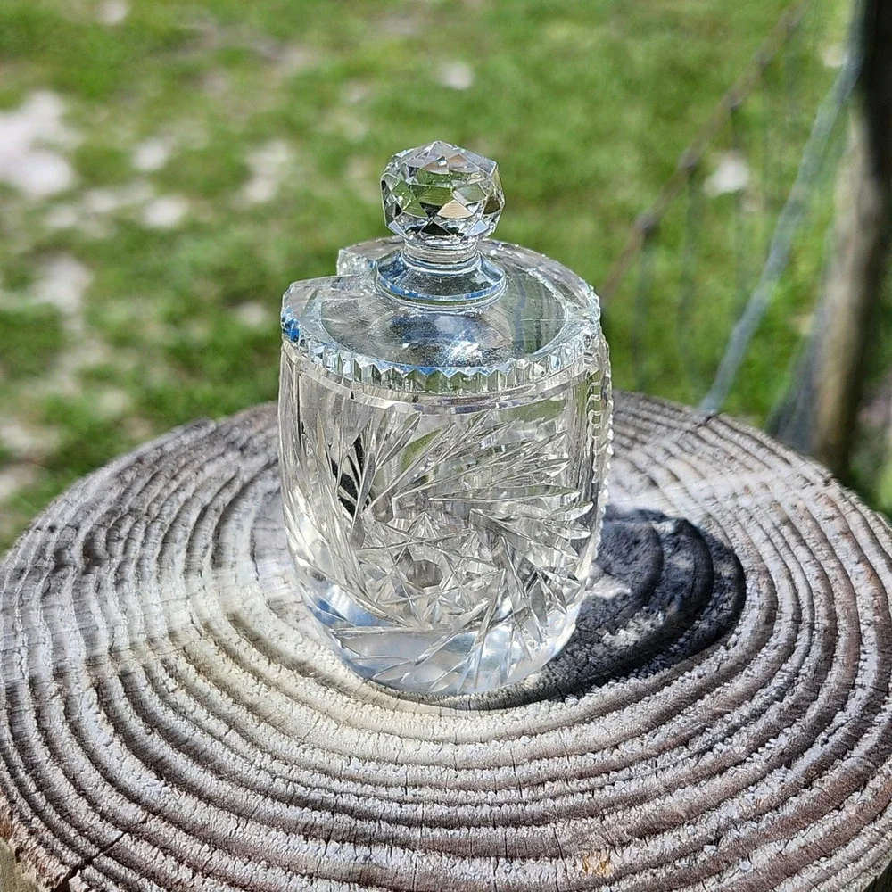 Antique ABP Cut Glass Condiment Salts Cellar Mustard Pot Jar Lid Starburst